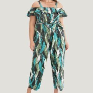 Tropical Cold Shoulder Pocket Belted Ruffle Trim Jumpsuit